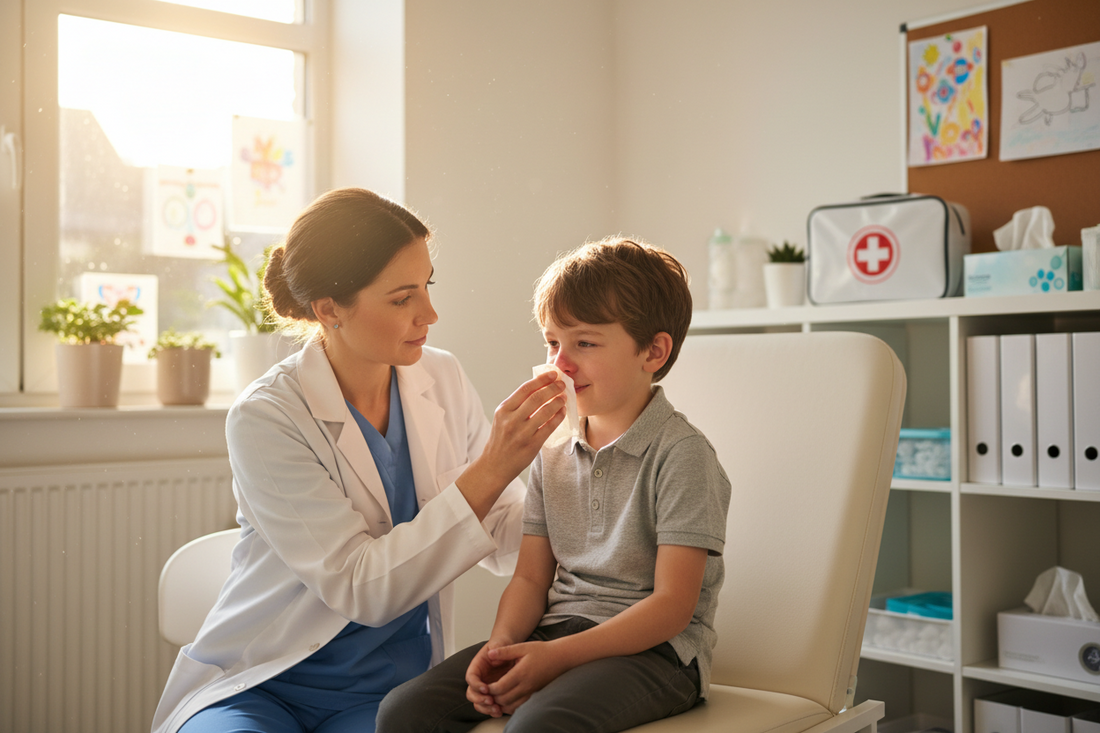 School Nurse helping a child with nosebleed