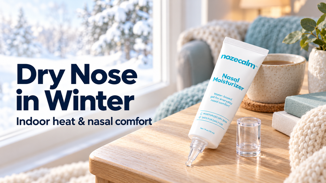 Illustration of NozeCalm nasal moisturizer with its clear applicator beside a winter window, with the title Dry Nose in Winter