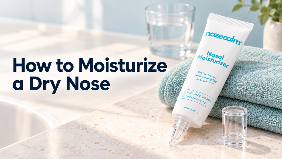 Illustration of NozeCalm nasal moisturizer with its clear tapered applicator beside a teal towel, with the title How to Moisturize a Dry Nose