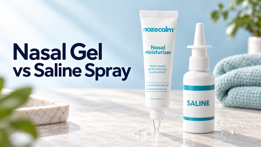 Illustrative comparison of NozeCalm nasal moisturizer gel and an unbranded saline spray on a light blue background