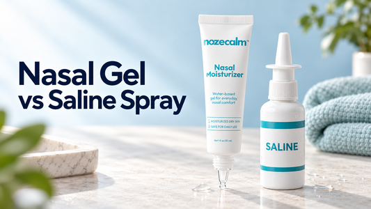 Illustrative comparison of NozeCalm nasal moisturizer gel and an unbranded saline spray on a light blue background