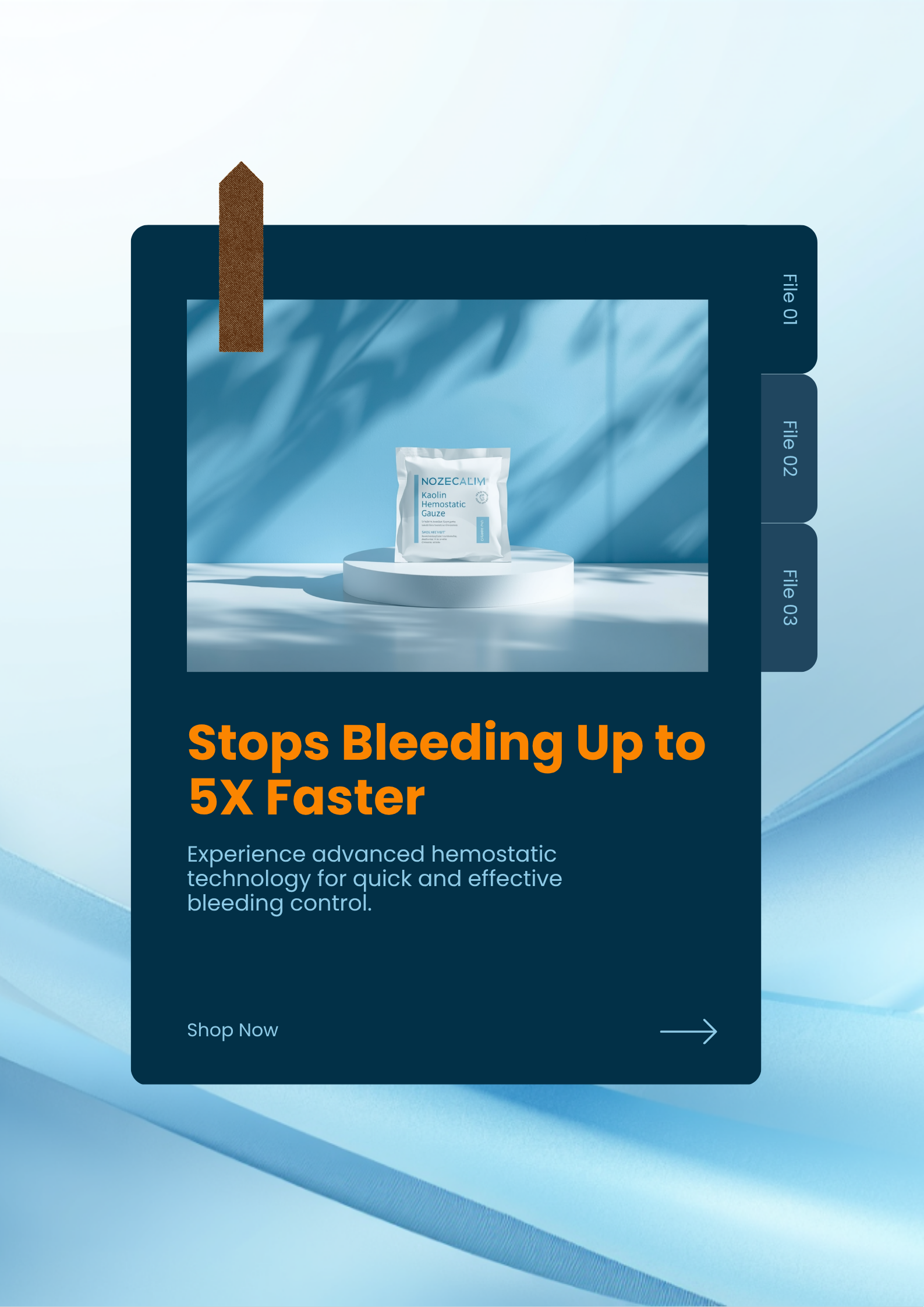 NozeCalm Kaolin Hemostatic Gauze benefits — stops bleeding up to 5X faster, Kaolin-activated clotting, no heat reaction, drug-free, 3-year shelf life