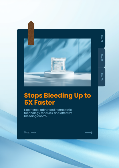 NozeCalm Kaolin Hemostatic Gauze benefits — stops bleeding up to 5X faster, Kaolin-activated clotting, no heat reaction, drug-free, 3-year shelf life