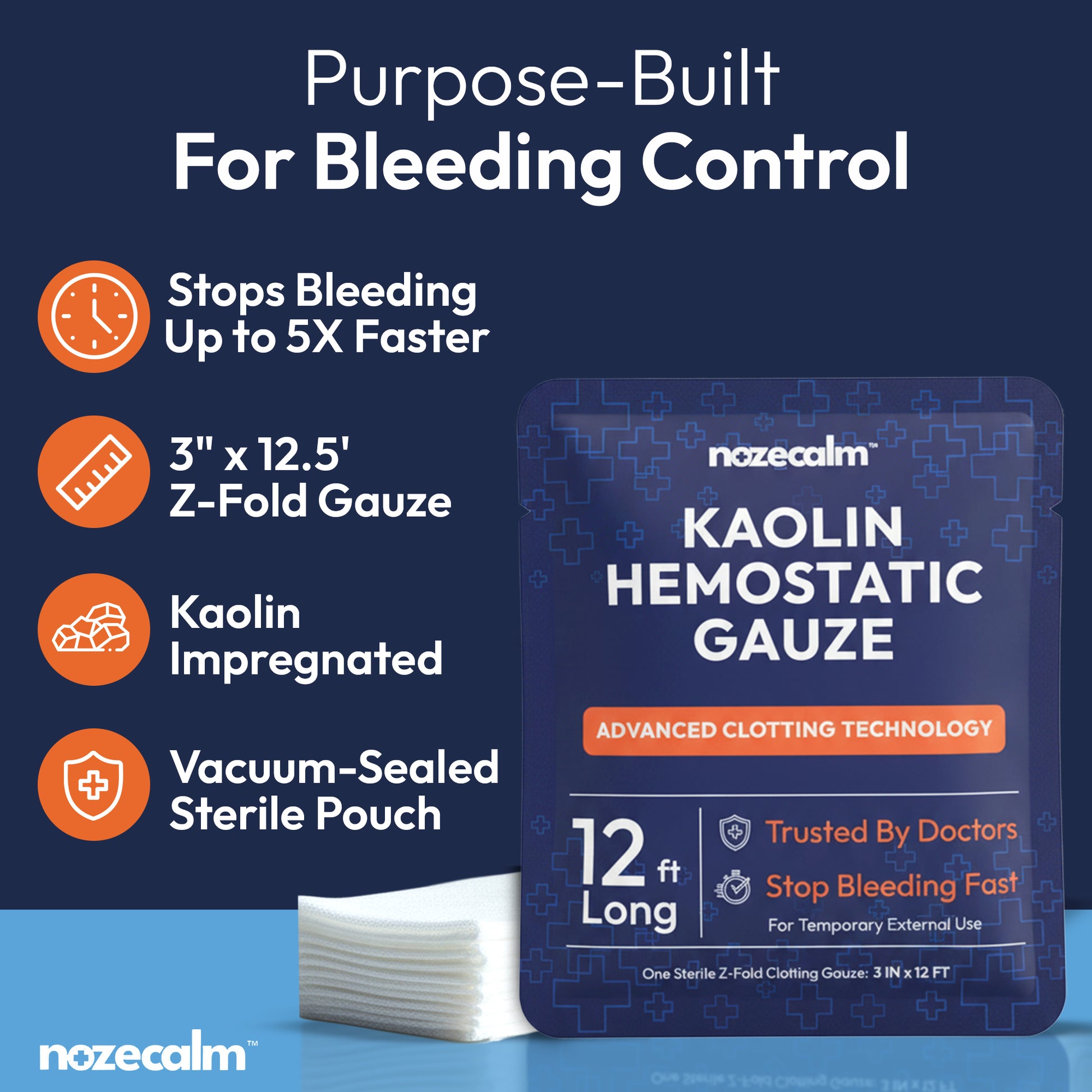 NozeCalm Kaolin Hemostatic Gauze key benefits — stops bleeding up to 5X faster, drug-free