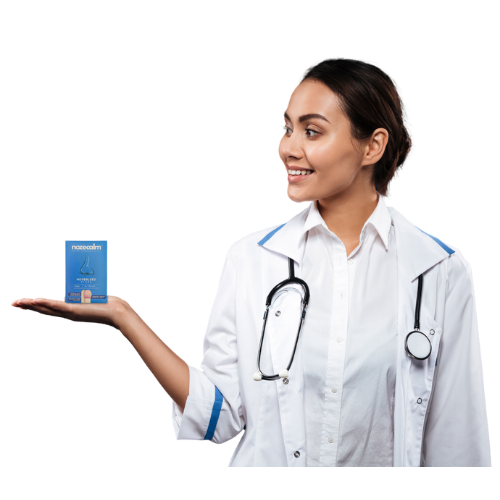 Doctor-approved nosebleed care: A medical professional presents a box of NozeCalm.