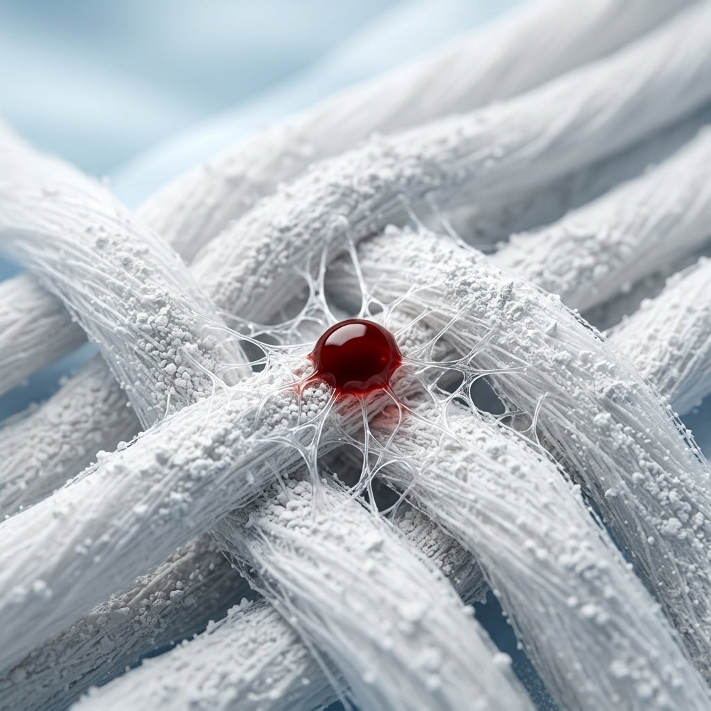 A close-up macro shot of white, textured fibers interwoven with fine threads, featuring a glossy red sphere at the center against a soft light blue background.