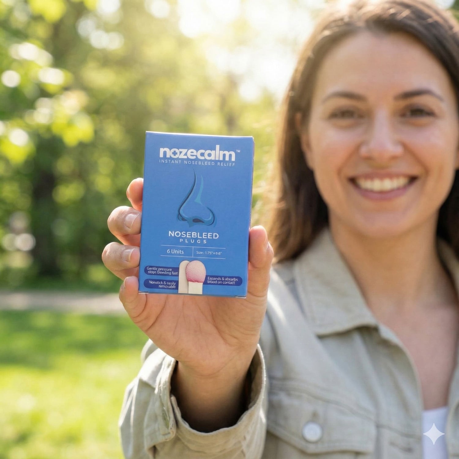Woman holding a blue 'nozecalm' nosebleed relief product in a park setting