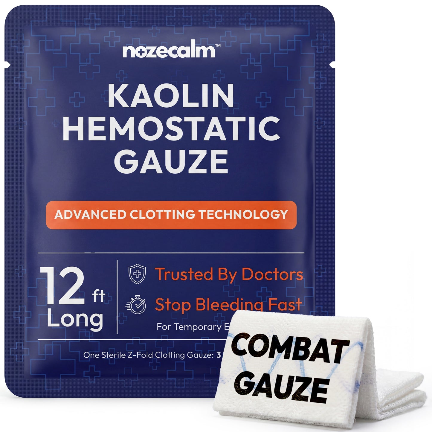 NozeCalm Kaolin Hemostatic Gauze sterile package, 3 inch by 12.5 foot Z-fold roll