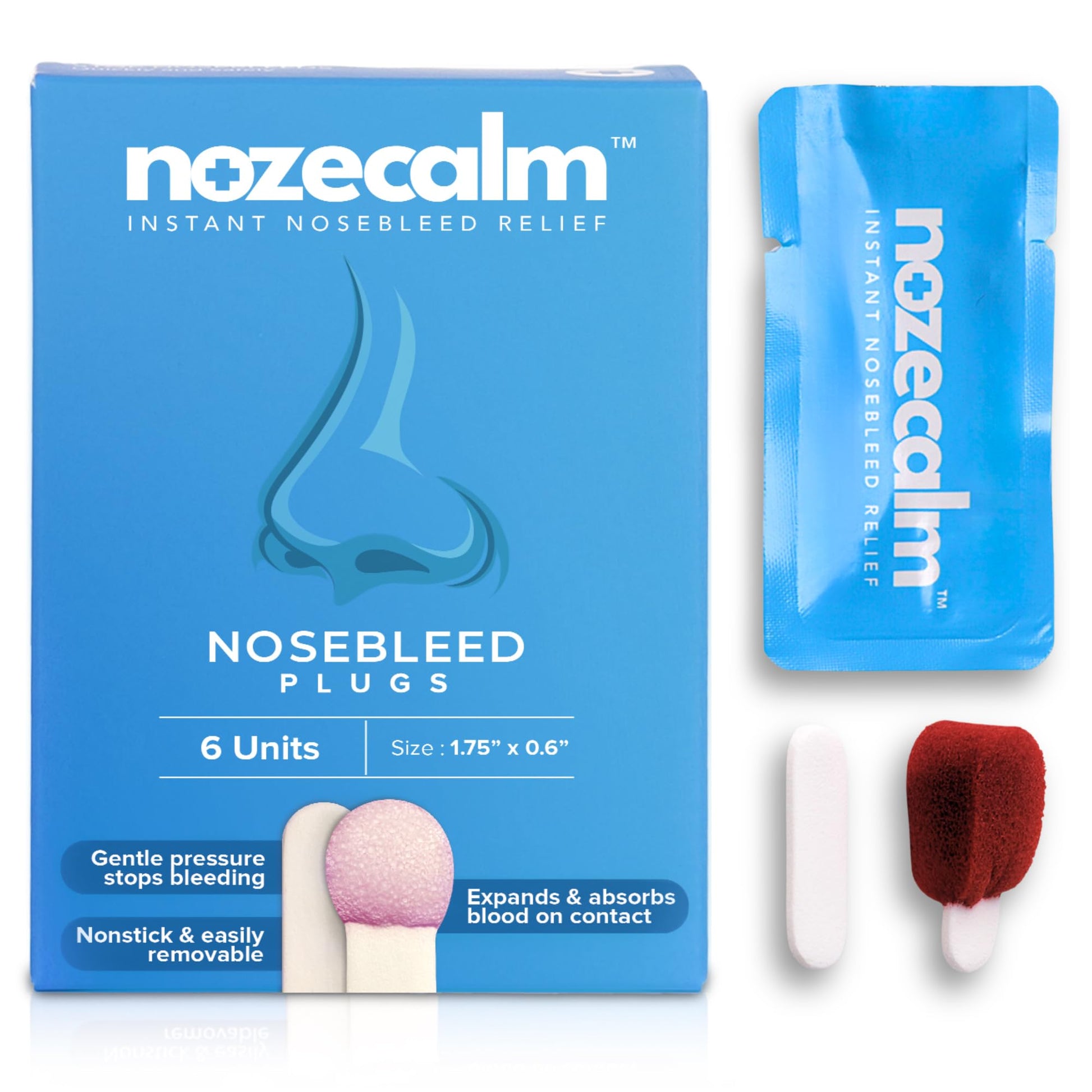 Nozecalm nosebleed Stopper product packaging with nasal plug and portable sleeve on a white background - 6 Count