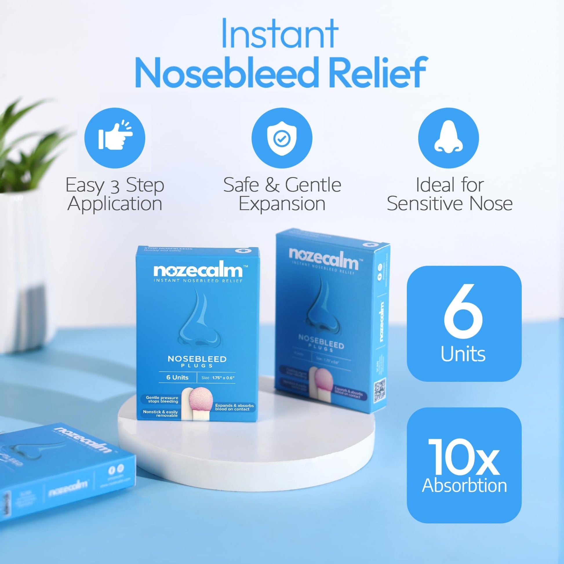 Nozecalm nosebleed stopper plugs product packaging with features - 10X absorption 