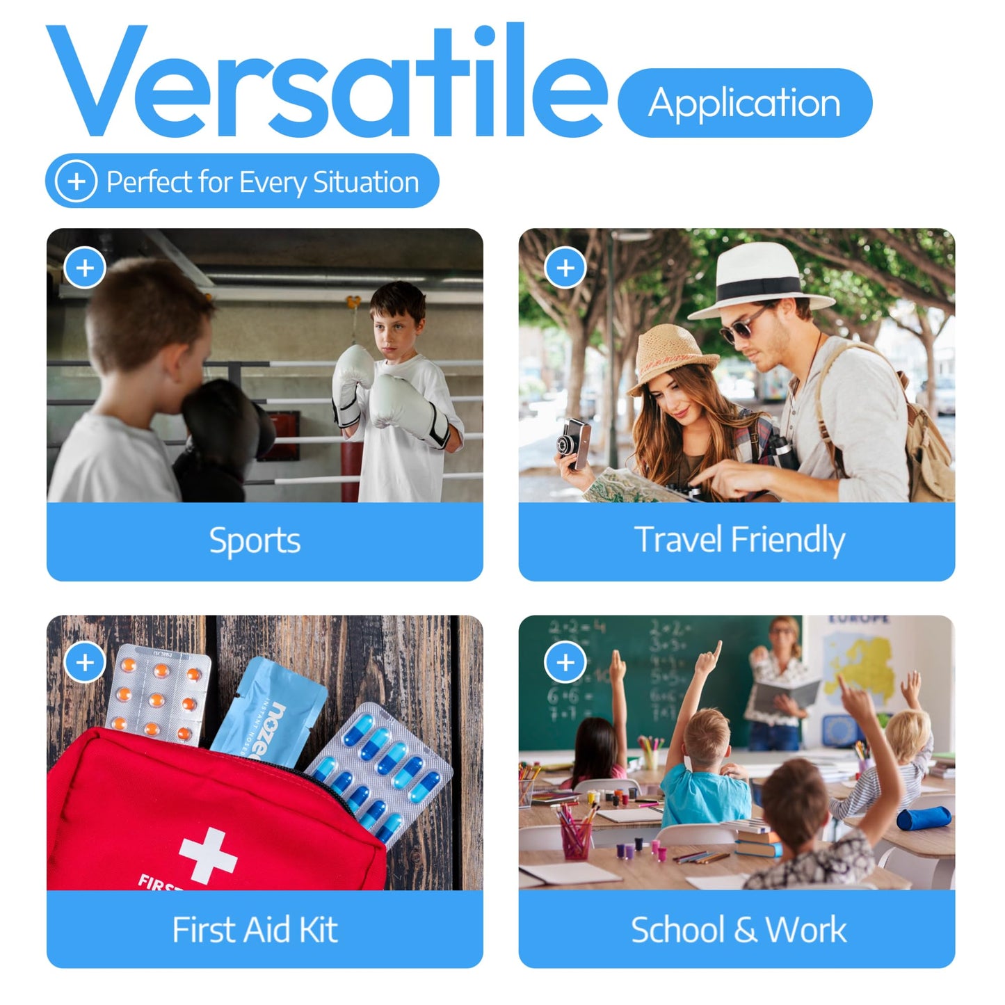 Nozecalm bloody nose stopper can be used during sports, travel, first aid kit, and classroom scenarios.