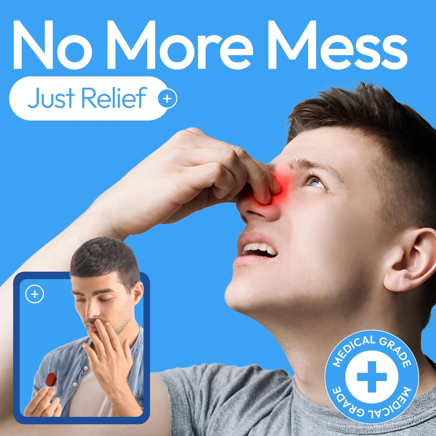 Person with a bleeding nose, with 'No More Mess Just Relief' text and medical grade badge for instant nosebleed relief 