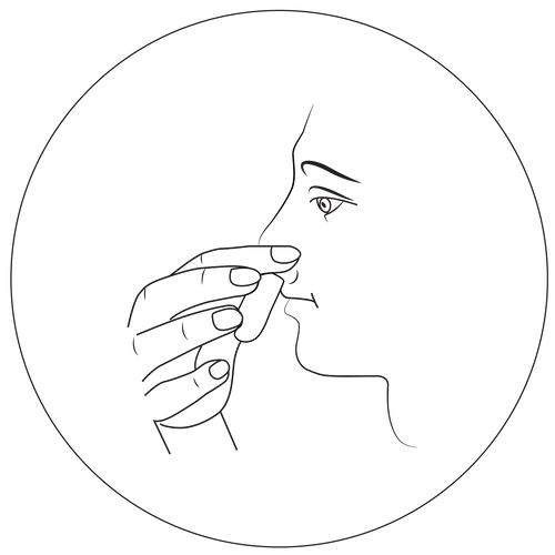 An illustration showing Apply gentle pressure to the outside of your nose while keeping your head slightly tilted forward. 
