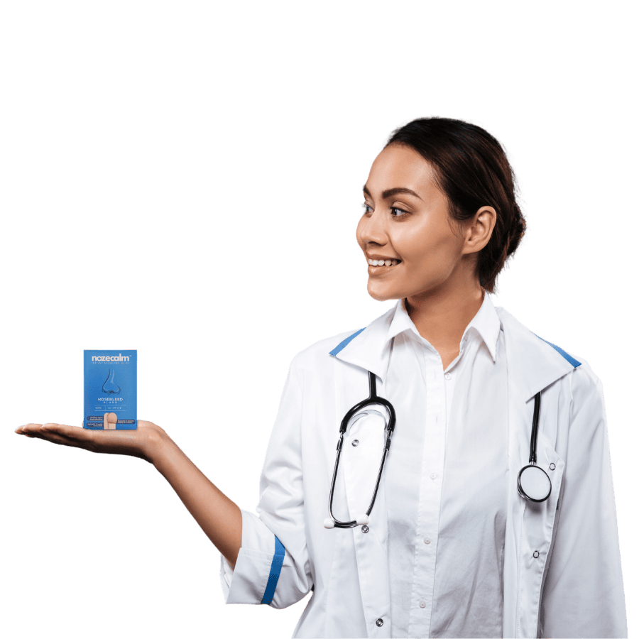 Doctor-approved nosebleed care: A medical professional presents a box of NozeCalm.